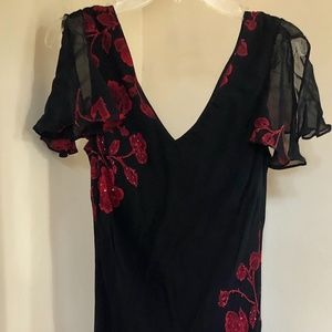 Black Cocktail dress w/ Red/Magenta beaded flowers